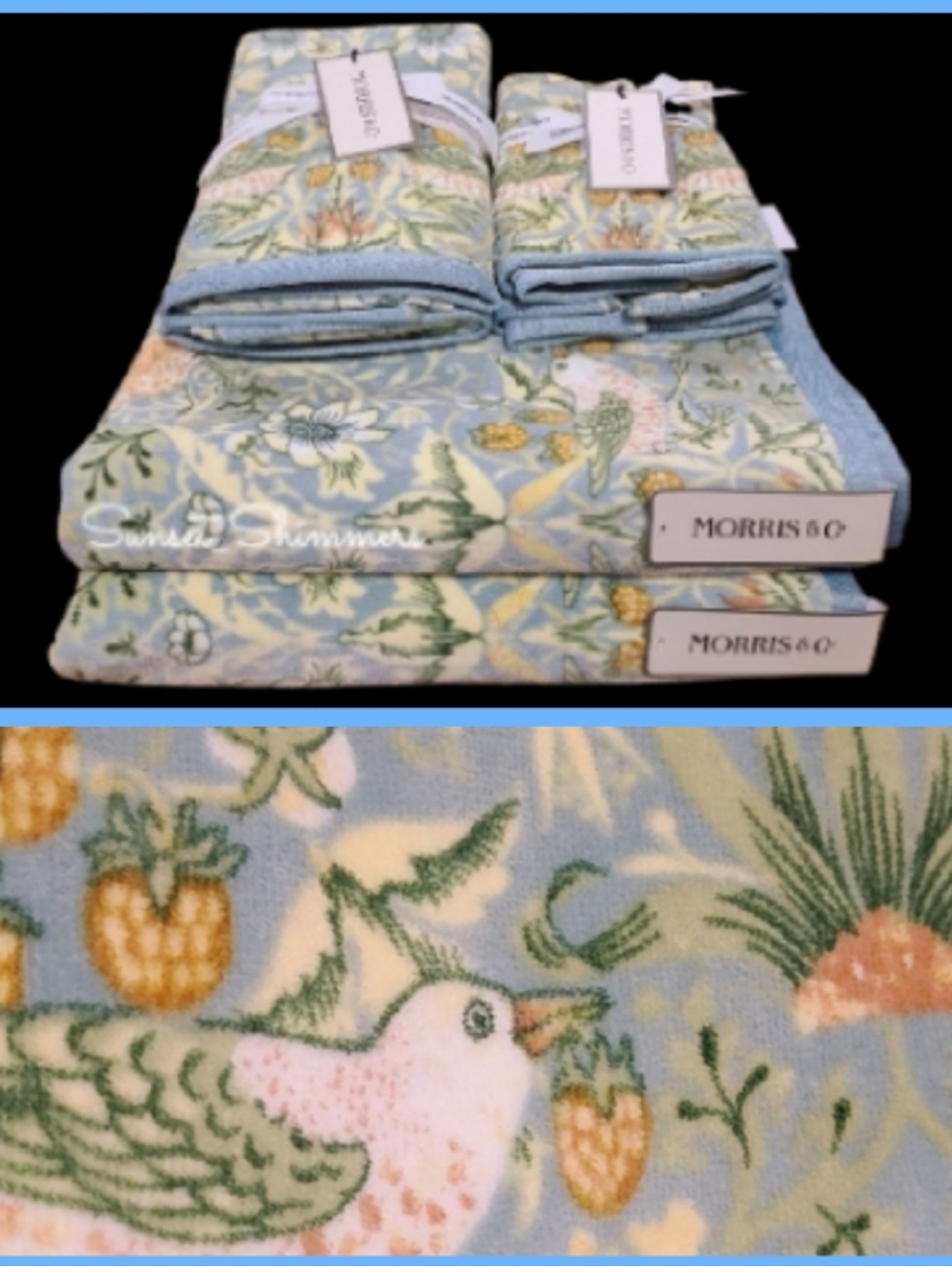 6pc Morris & Co Strawberry Thief Bird & Floral Velour Bath Hand Tip Towel Set